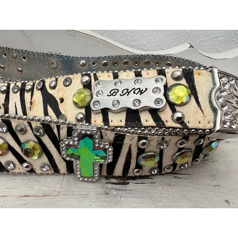 BHW WESTERN COWGIRL ANIMAL PRINT LEATHER BELT | ZEBRA | GREEN - Picture 2 of 6